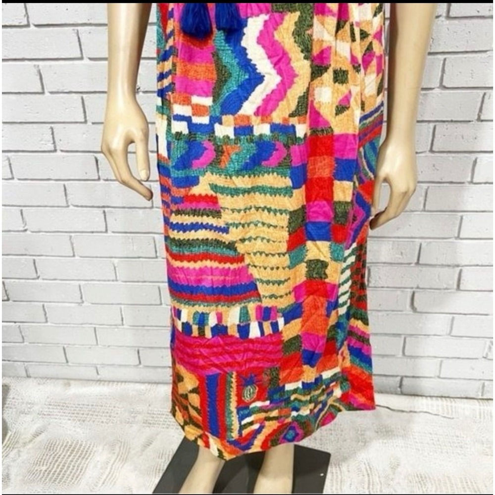 Farm Rio Patchwork Print Sleeveless Midi Dress Multi-Color Braided Tassel Belt - Picture 3 of 12